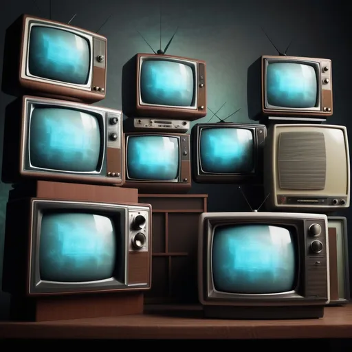 Prompt: A bunch of conspiracy old TV sets setting on top of one another speaking subliminal messages used to manipulate and brainwash our minds 