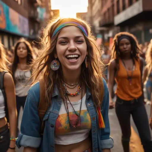 Prompt: (hippie girl rebel with a cause), vibrant city streets, (dynamic atmosphere), friends supporting unity, strong facial expressions, (gritty urban background), colorful protest signs, (determined poses), high energy, diverse group, fighting for change, echoes of revolution, warm tones of sunset, 4K ultra-detailed, dramatic lighting, (empowering vibe).