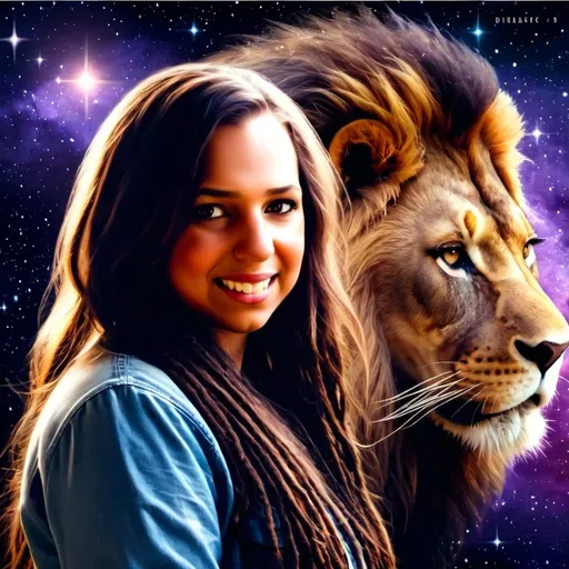 Prompt: (Hyper realistic photo of a dark haired woman representing zodiac sign of Leo beautiful with dreadlocks in the sky with cosmic black universe background with the symbol of Leo behind her and a lion in the clouds behind woman  ), captivating and ethereal figure in the cosmos, (realistic lion) depicted fierce and powerful behind her, starry background with vibrant nebulae and shimmering constellations, painting a celestial scene, enchanting colors blending dark blues and purples, warm highlights radiating from her, (high detail) and (ultra-realistic), cosmic ambiance filled with wonder and strength.