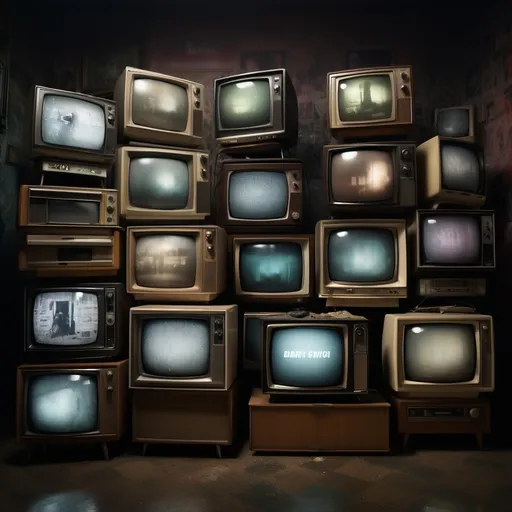 Prompt: Old TV sets stacked upon each other, static-filled screens displaying eclectic subliminal messages, chaotic atmosphere, vintage aesthetic, worn-out textures, emphasizing conspiracy theories, muted colors with a dark undertone, surreal and gripping vibe, low-key ambient lighting, high contrast shadows, unsettling perspective, ultra-detailed, captivating background with distorted reflections and hints of a chaotic urban environment, enriching emotional depth.