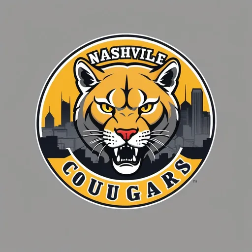 Prompt: Make a logo of a basketball team name, Nashville Cougars, with a Cougar holding a basketball in the center of the logo with the color yellow. And a background of the logo is the skyline of  Nashville, Tennessee. The color of the logo is gray, black, and white