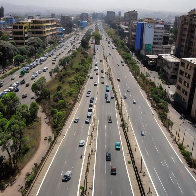 Prompt: Streetscape in addis Ababa with 40 meter width, 3.5 BRT line two ways and six traffic lane of each 3.2 meters, 2 meter cycle lane, 3 meter pedestrian 