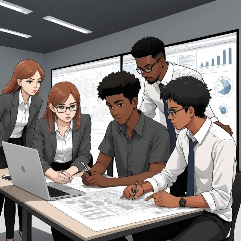 Prompt: Anime style cartoon 4 Junior team members looking and working on a software development plan, some people are sited, two  female, two male, include a white, black and latino, Use a FLAT clear back