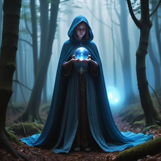 Prompt: A young female mage floats in the middle of a forest in a fog, suspended in mid-air. She has a long, flowing cape with the hood covering her face, her head slightly bowed, hiding her face in shadow. Her hands are at chest level, one hand positioned above and the other below a glowing blue crystal ball that hovers between them without being touched. The crystal ball glow bright and emits crackling blue lightning bolts that pulse with energy. The surrounding mist swirls around her, amplifying the mystical atmosphere.