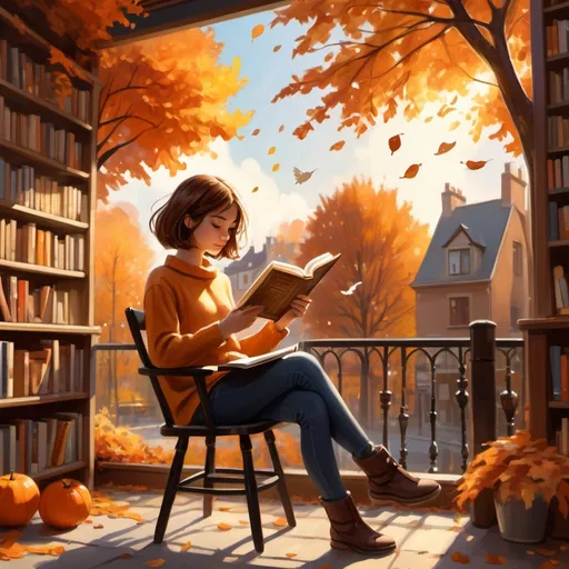 Prompt: A girl (with short medium-brown-colored hair), sitting on the chair and reading a book, right next to the table (cup of coffee on it), behind her is a bookshop, above her are visible beautiful wind chimes, scene surrounded by autumn foliage in vibrant oranges and browns, a warm, nostalgic charm, rays of sunlight filtering through trees, high-quality, cinematic composition