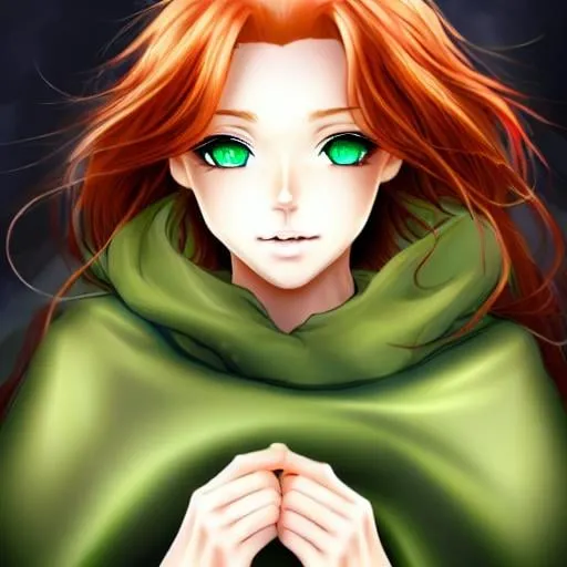 Prompt: young woman with ginger-brown hair,  detailed face, beautiful detailed green eyes,  beauty,  finely detailed, rainstorm, anime  masterpiece 