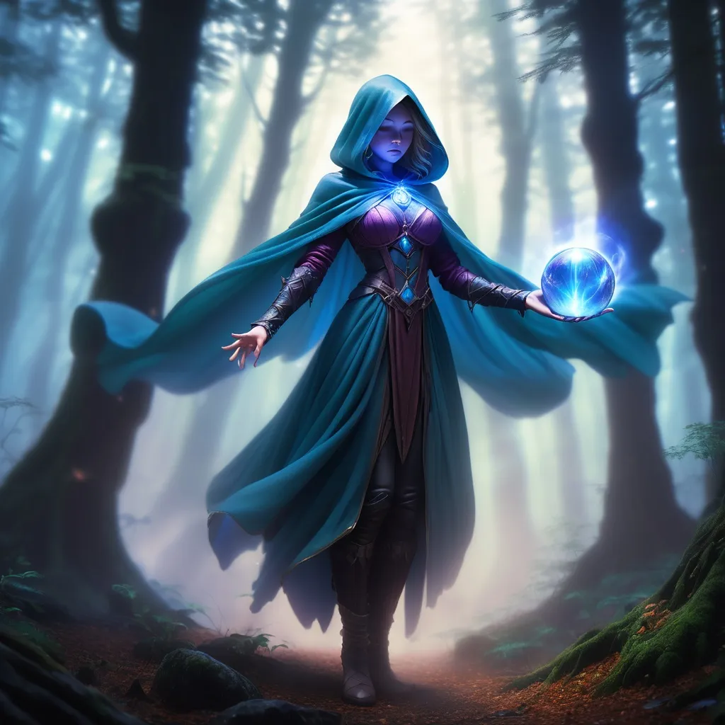 Prompt: A young female mage floats in the middle of a forest in a fog, suspended in mid-air. She has a long, flowing cape with the hood covering her face, her head slightly bowed, hiding her face in shadow. Her hands are at chest level, one hand positioned above and the other below a glowing blue crystal ball that hovers between them without being touched. The crystal ball glow bright and emits crackling blue lightning bolts that pulse with energy. The surrounding mist swirls around her, amplifying the mystical atmosphere.