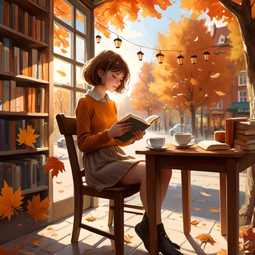 Prompt: A girl (with short medium-brown-colored hair), sitting on the chair and reading a book, right next to the table (cup of coffee on it), behind her is a bookshop, above her are visible beautiful wind chimes, scene surrounded by autumn foliage in vibrant oranges and browns, a warm, nostalgic charm, rays of sunlight filtering through trees, high-quality, cinematic composition