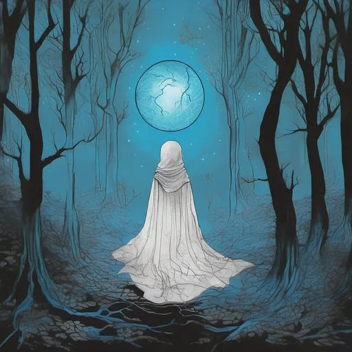 Prompt: A young female mage floats in the middle of a forest in a fog, suspended in mid-air. She has a long, flowing cape with the hood covering her face, her head slightly bowed, hiding her face in shadow. Her hands are at chest level, one hand positioned above and the other below a glowing blue crystal ball that hovers between them without being touched. The crystal ball glow bright and emits crackling blue lightning bolts that pulse with energy. The surrounding mist swirls around her, amplifying the mystical atmosphere.