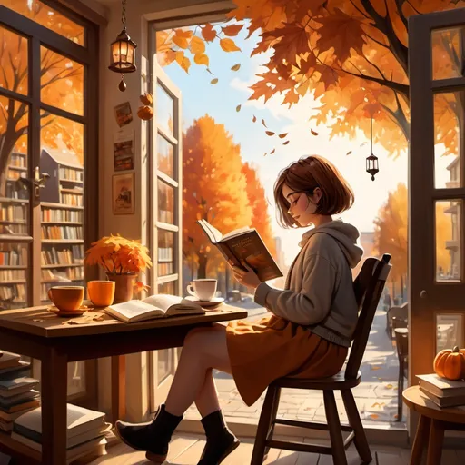 Prompt: A girl (with short medium-brown-colored hair), sitting on the chair and reading a book, right next to the table (cup of coffee on it), behind her is a bookshop, above her are wind chimes, scene surrounded by autumn foliage in vibrant oranges and browns, a warm, nostalgic charm, rays of sunlight filtering through trees, high-quality, cinematic composition