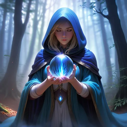 Prompt: A young female mage floats in the middle of a forest in a fog, suspended in mid-air. She has a long, flowing cape with the hood covering her face, her head slightly bowed, hiding her face in shadow. Her hands are at chest level, one hand positioned above and the other below a glowing blue crystal ball that hovers between them without being touched. The crystal ball glow bright and emits crackling blue lightning bolts that pulse with energy. The surrounding mist swirls around her, amplifying the mystical atmosphere.