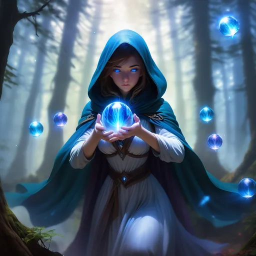 Prompt: A young female mage floats in the middle of a forest in a fog, suspended in mid-air. She has a long, flowing cape with the hood covering her face, her head slightly bowed, hiding her face in shadow. Her hands are at chest level, one hand positioned above and the other below a glowing blue crystal ball that hovers between them without being touched. The crystal ball glow bright and emits crackling blue lightning bolts that pulse with energy. The surrounding mist swirls around her, amplifying the mystical atmosphere.