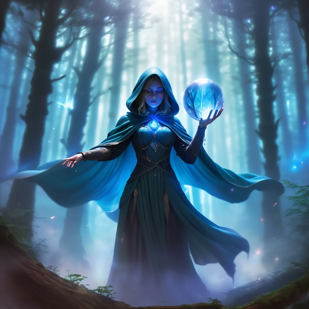 Prompt: A young female mage floats in the middle of a forest in a fog, suspended in mid-air. She has a long, flowing cape with the hood covering her face, her head slightly bowed, hiding her face in shadow. Her hands are at chest level, one hand positioned above and the other below a glowing blue crystal ball that hovers between them without being touched. The crystal ball glow bright and emits crackling blue lightning bolts that pulse with energy. The surrounding mist swirls around her, amplifying the mystical atmosphere.