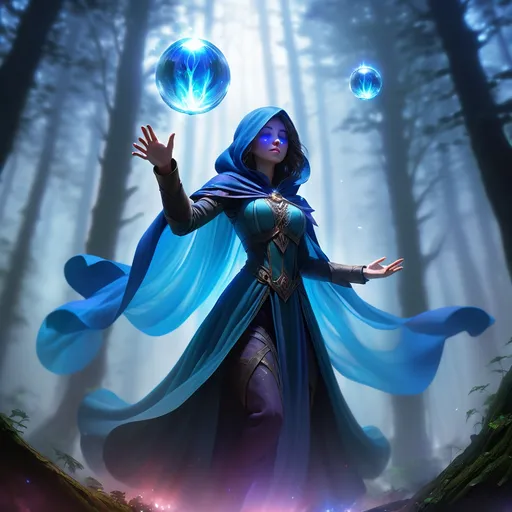 Prompt: A young female mage floats in the middle of a forest in a fog, suspended in mid-air. She has a long, flowing cape with the hood covering her face, her head slightly bowed, hiding her face in shadow. Her hands are at chest level, one hand positioned above and the other below a glowing blue crystal ball that hovers between them without being touched. The crystal ball glow bright and emits crackling blue lightning bolts that pulse with energy. The surrounding mist swirls around her, amplifying the mystical atmosphere.