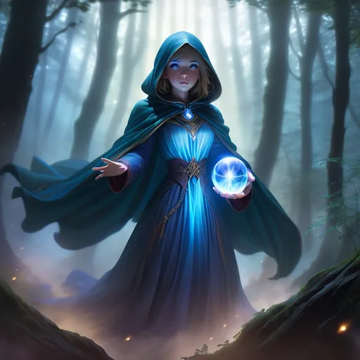 Prompt: A young female mage floats in the middle of a forest in a fog, suspended in mid-air. She has a long, flowing cape with the hood covering her face, her head slightly bowed, hiding her face in shadow. Her hands are at chest level, one hand positioned above and the other below a glowing blue crystal ball that hovers between them without being touched. The crystal ball glow bright and emits crackling blue lightning bolts that pulse with energy. The surrounding mist swirls around her, amplifying the mystical atmosphere.