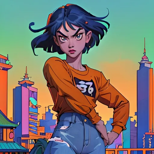 Prompt: (Jade Chan from "Jackie Chan Adventures"), animated character, (18 years old), her classic outfit (orange T-shirt above white longsleeve and jeans) ,  bright and vibrant colors, lively background of an Asian cityscape, showcasing adventurous spirit, (ultra-detailed), captivating composition, (digital art), high-quality illustration.