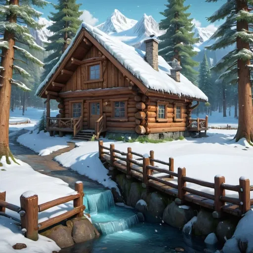 Prompt: 4k anime Log cabin in the forest, many details, snowy landscape, wooden fence, frozen spring water, 2 large trees, snowy leaves, gentle snowfall.