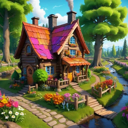 Prompt: Video game hero small wooden house by the stream, with chimney, garden with colourful flowers, wooden fence, paved path, between two dense trees, well, detailed rendering, vivid colours, high definition 4K
