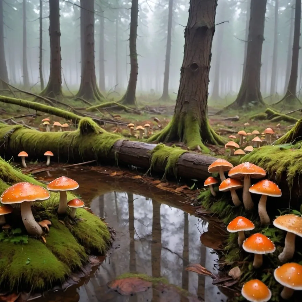 Prompt: Landscape in the fog, damp, water on the ground reflecting the trees of the forest, a lot of colourful mushrooms on the ground, a broken hollow trunk on the ground, dense foliage of trees, dynamic shooting, cinematic atmosphere, high definition,