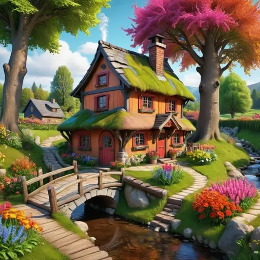 Prompt: Small wooden hero house next to the stream, with chimney, garden with colourful flowers, wooden fence, paved path, between two dense trees, well, detailed rendering, intense colours, high definition, cinematic photorealistic background 4K.