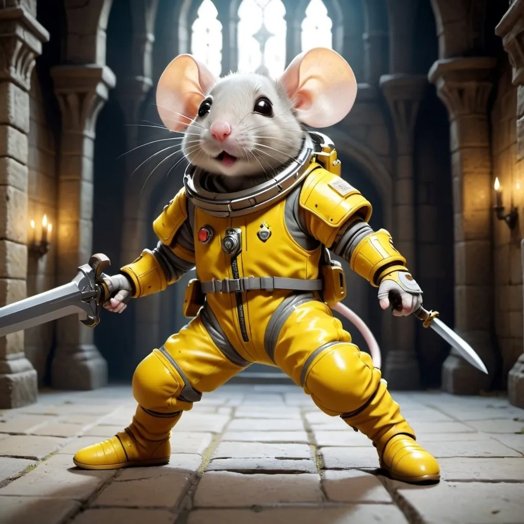 Prompt: Mouse protagonist video game character, dressed in yellow space suit, boots. dynamic performance, beautiful and likable, action pose with sword, in a castle setting with battlements, dark cinematic rendering, high definition 4k