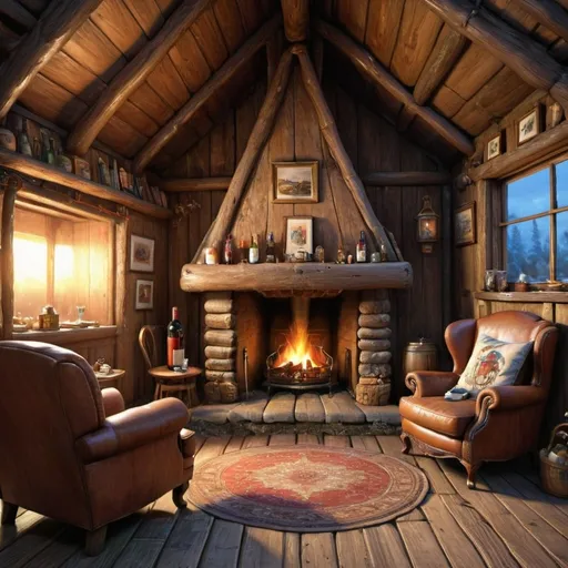 Prompt: Inside a wooden hut, with a fireplace waiting, it's night outside, the fireplace lights up the room, warm atmosphere, I'm sitting in a brown armchair, I see the flames, I see the carbine above the fireplace, I see the bottle of wine on the coffee table, I see the thick carpet back on the wooden floor, great detail, 4k, detailed rendering, vivid colours, high definition 4K