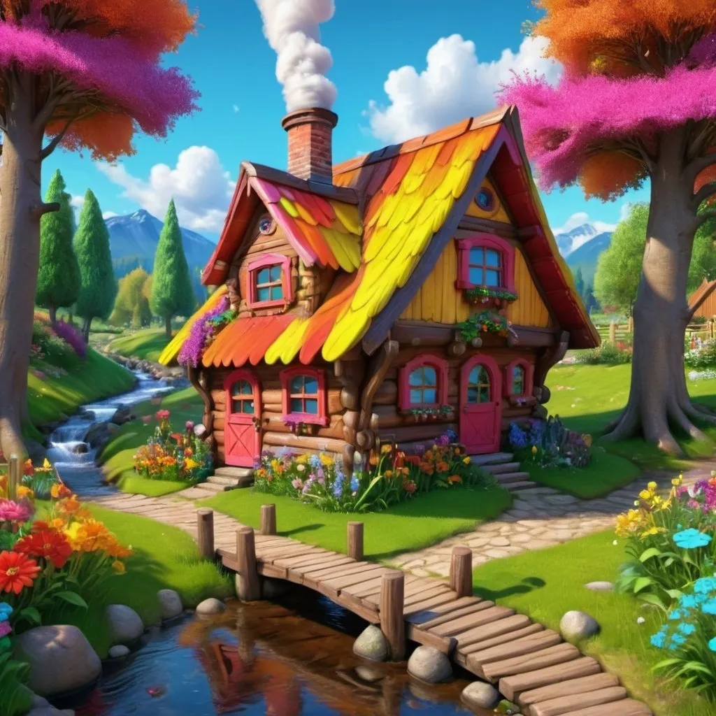 Prompt: Video game hero small wooden house by the stream, with chimney, garden with colourful flowers, wooden fence, paved path, between two dense trees, well, detailed rendering, vivid colours, high definition 4K