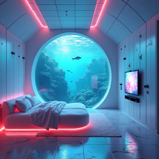 Prompt: Visualize a futuristic underwater bunker, illuminated by a cascade of vibrant neon lights that dance across the room's sleek surfaces. The spacious bedroom features a crisply designed, pristine white couch that invites relaxation, facing a massive clear window showcasing the mesmerizing underwater world outside—schools of luminescent fish swim gracefully past, while soft, filtered sunlight refracts through the water. A high-tech TV floats seamlessly against the wall, displaying dynamic holographic visuals. Storage lockers are neatly integrated into the sleek design, and a glistening shower area glows softly with ambient lighting, creating a tranquil oasis of comfort within the depths. The vibrant color scheme pulsates throughout the room, suggesting a melding of technology and aquatic beauty, perfect for a dreamy cybernetic concept art style.