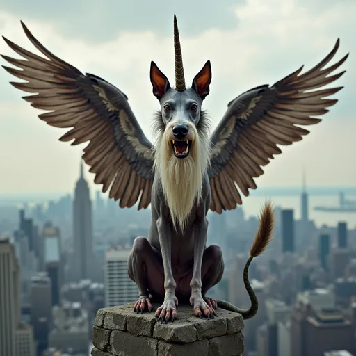 Prompt: A angry hairless dog with a long beard,sittimg on the top of the empire state building, unicorn horn on head, eagle wings on back, snake head on tail,