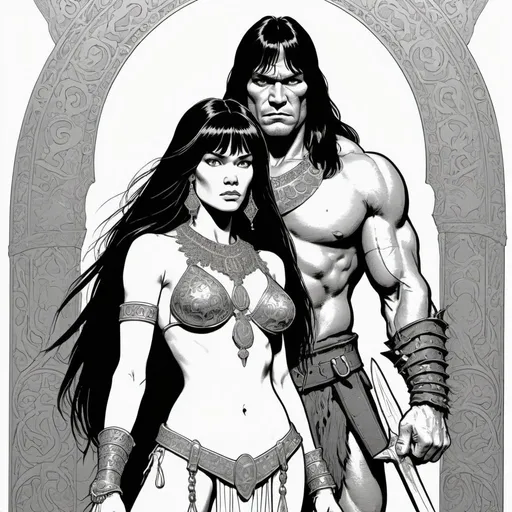 Prompt: Conan the Barbarian, standing behind a Stygian princess wearing only gold ornaments, in the style of Moebius, b&w line art