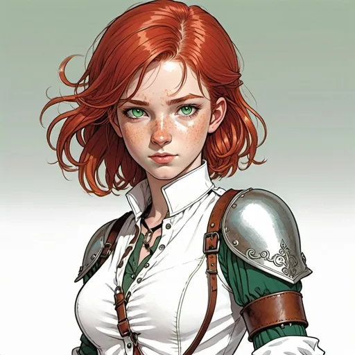 Prompt: 14 y.o. adventurer, red hair, green eyes, tiny birthmark on cheek, open fronted white blouse, partially unlaced, no collar, bare shoulders, leather bracers, open fingered leather gloves, 2 daggers strapped on each thigh,  colour line art, in the style of Moebius