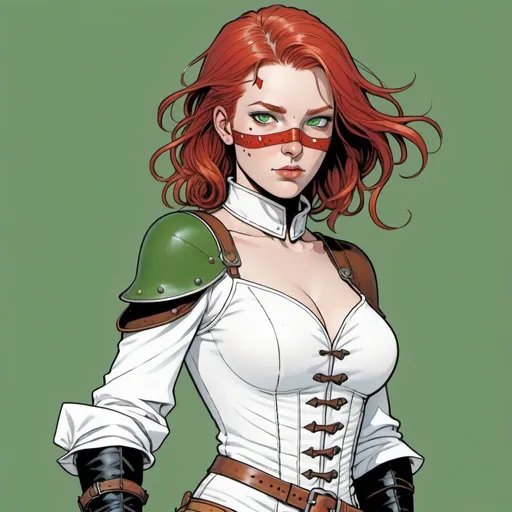 Prompt: female adventurer, open fronted white blouse, bare shoulders, leather bracers, open fingered leather gloves, red hair, green eyes, 2 daggers, birthmark on cheek, colour line art, in the style of Moebius