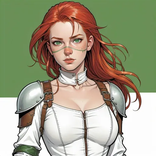 Prompt: 14 y.o. female adventurer, red hair, green eyes, scar on cheek, open fronted white blouse, bare shoulders, leather bracers, open fingered leather gloves, 2 daggers strapped on each thigh,  colour line art, in the style of Moebius