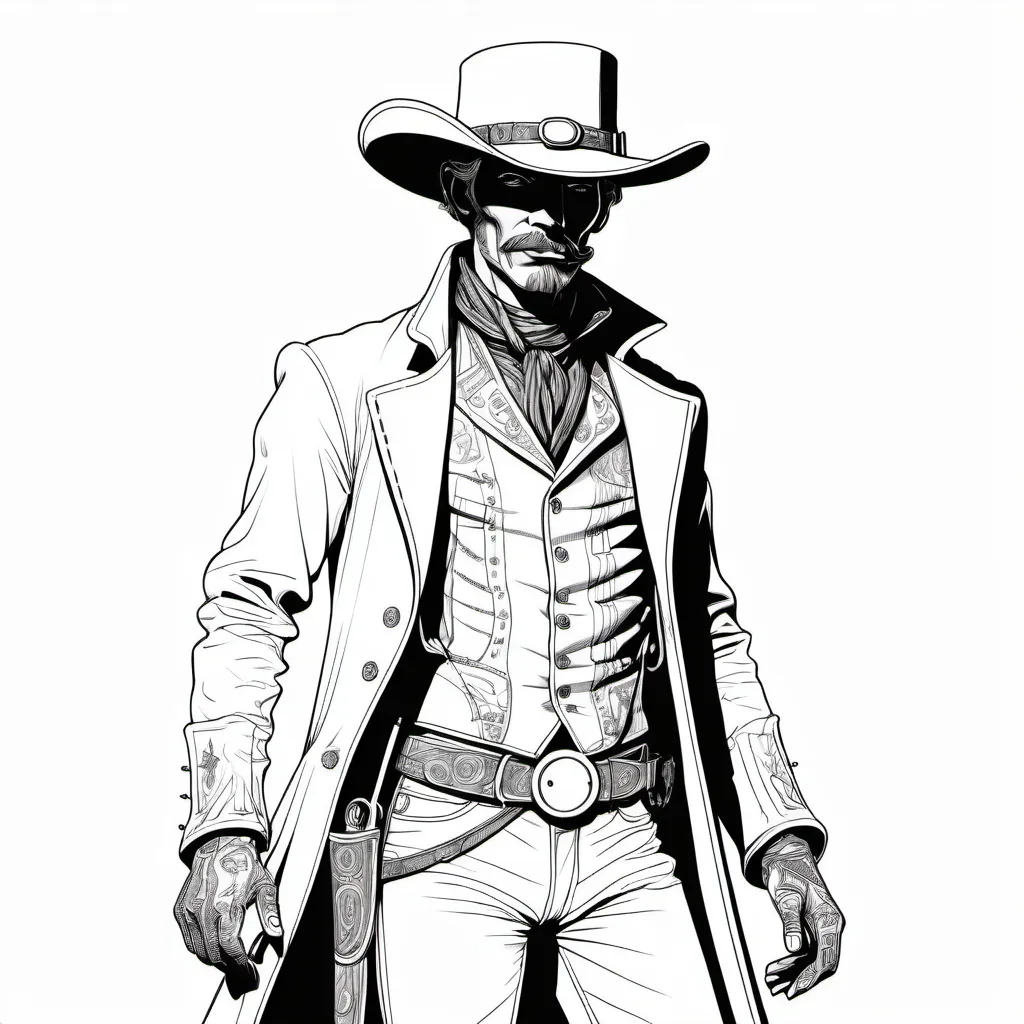 Prompt: black and white line art in the style of Moebius, steampunk 1880's male cowboy, full length figure, plain white background