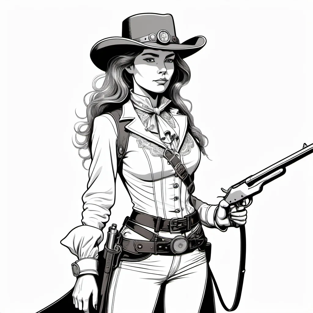 Prompt: black and white line art in the style of Moebius, steampunk 1880's female cowgirl (young Annie Oakley), full length figure, holding steampunk winchester rifle in both hands, plain white background