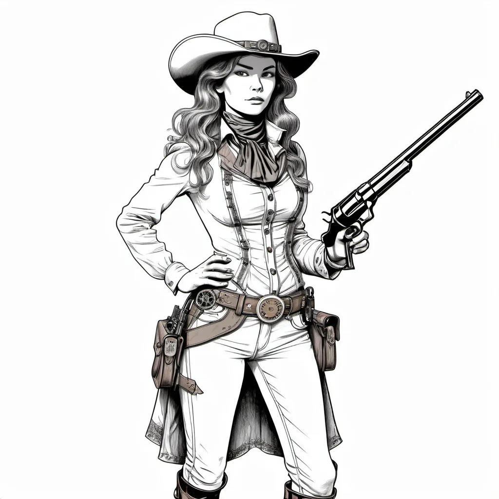 Prompt: black and white line art in the style of Moebius, steampunk 1880's female cowgirl (young Annie Oakley), full length figure, holding steampunk winchester rifle in both hands, plain white background