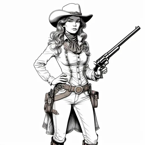 Prompt: black and white line art in the style of Moebius, steampunk 1880's female cowgirl (young Annie Oakley), full length figure, holding steampunk winchester rifle in both hands, plain white background