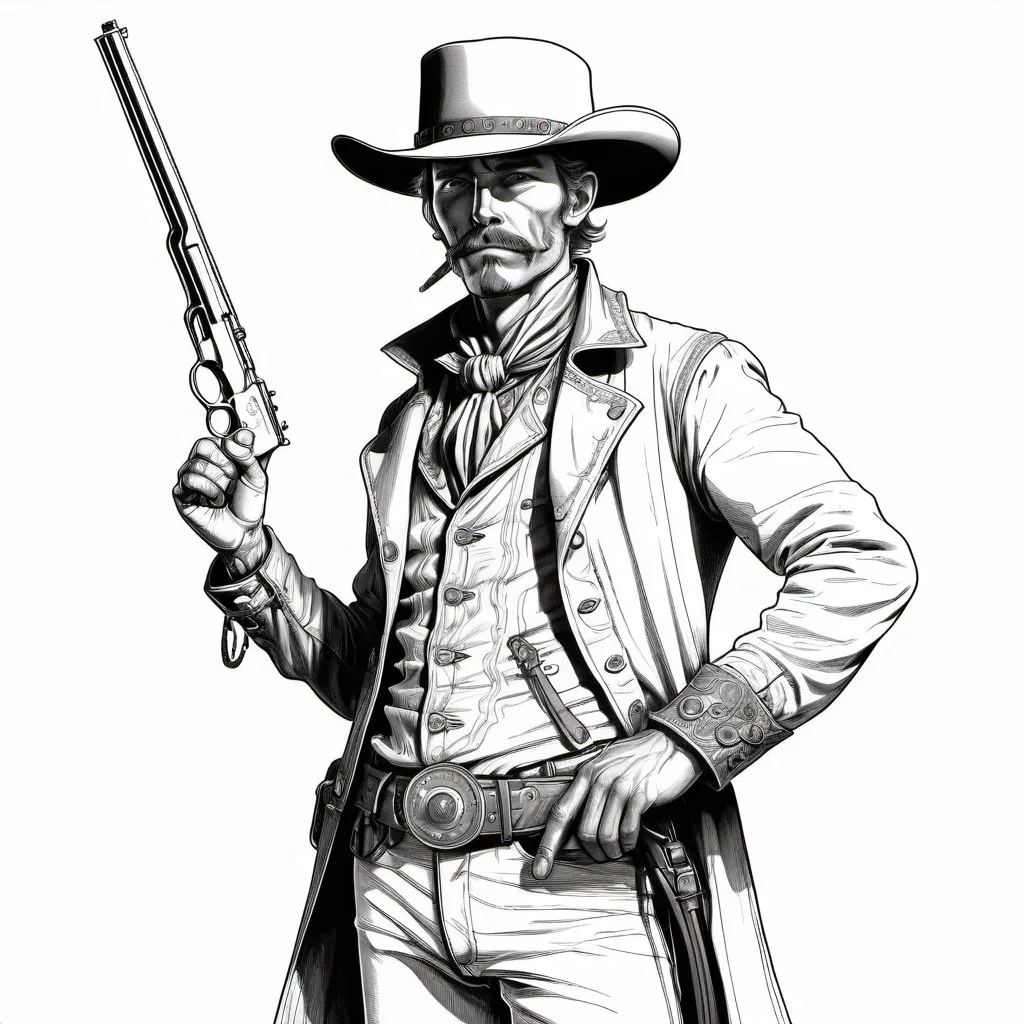 Prompt: black and white line art in the style of Moebius, steampunk 1880's male cowboy , full length figure, holding steampunk winchester rifle in two hands, plain white background