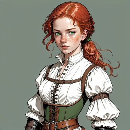 Prompt: 14 y.o. female adventurer, red hair, green eyes, tiny birthmark on cheek, open fronted 17th century white blouse, partially unlaced, no collar, bare shoulders, no armor, leather bracers, open fingered leather gloves, 2 daggers strapped on each thigh,  colour line art, in the style of Moebius