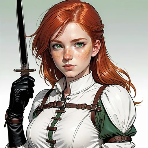 Prompt: 14 y.o. female adventurer, red hair, green eyes, tiny birthmark on cheek, open fronted white blouse, partially unlaced, no collar, bare shoulders, leather bracers, open fingered leather gloves, 2 daggers strapped on each thigh,  colour line art, in the style of Moebius