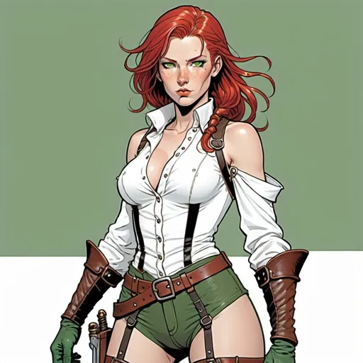 Prompt: female adventurer, open fronted white blouse, partially unbuttoned, bare shoulders, no armor, leather bracers, open fingered leather gloves, red hair, green eyes, 2 daggers strapped on each thigh, scar on cheek, colour line art, in the style of Moebius