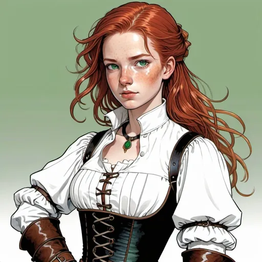 Prompt: 14 y.o. female adventurer, red hair, green eyes, tiny birthmark on cheek, open fronted 17th century white blouse, partially unlaced, no collar, bare shoulders, leather bracers, open fingered leather gloves, 2 daggers strapped on each thigh,  colour line art, in the style of Moebius