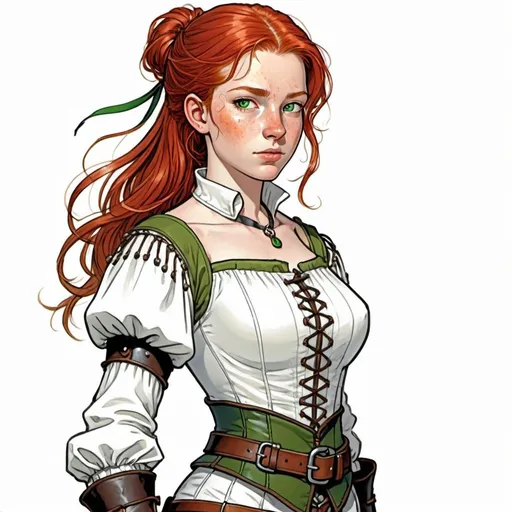 Prompt: 14 y.o. female adventurer, red hair, green eyes, tiny birthmark on cheek, open fronted 17th century white blouse, partially unlaced, bare shoulders, no armor, leather bracers, open fingered leather gloves, 2 daggers strapped on each thigh,  colour line art, in the style of Moebius
