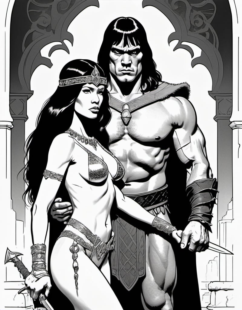 Prompt: Conan the Barbarian, standing behind an extremely skimpily dressed Stygian princess wearing only a gold tiara, in the style of Moebius, b&w line art