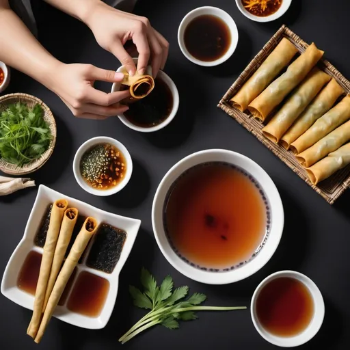 Prompt: Show a cup of Black Sugar Taro Tea surrounded by golden lumpiang shanghai, accompanied by vibrant chili dipping sauce and fresh herbs, embodying the essence of a mid-journey feast.