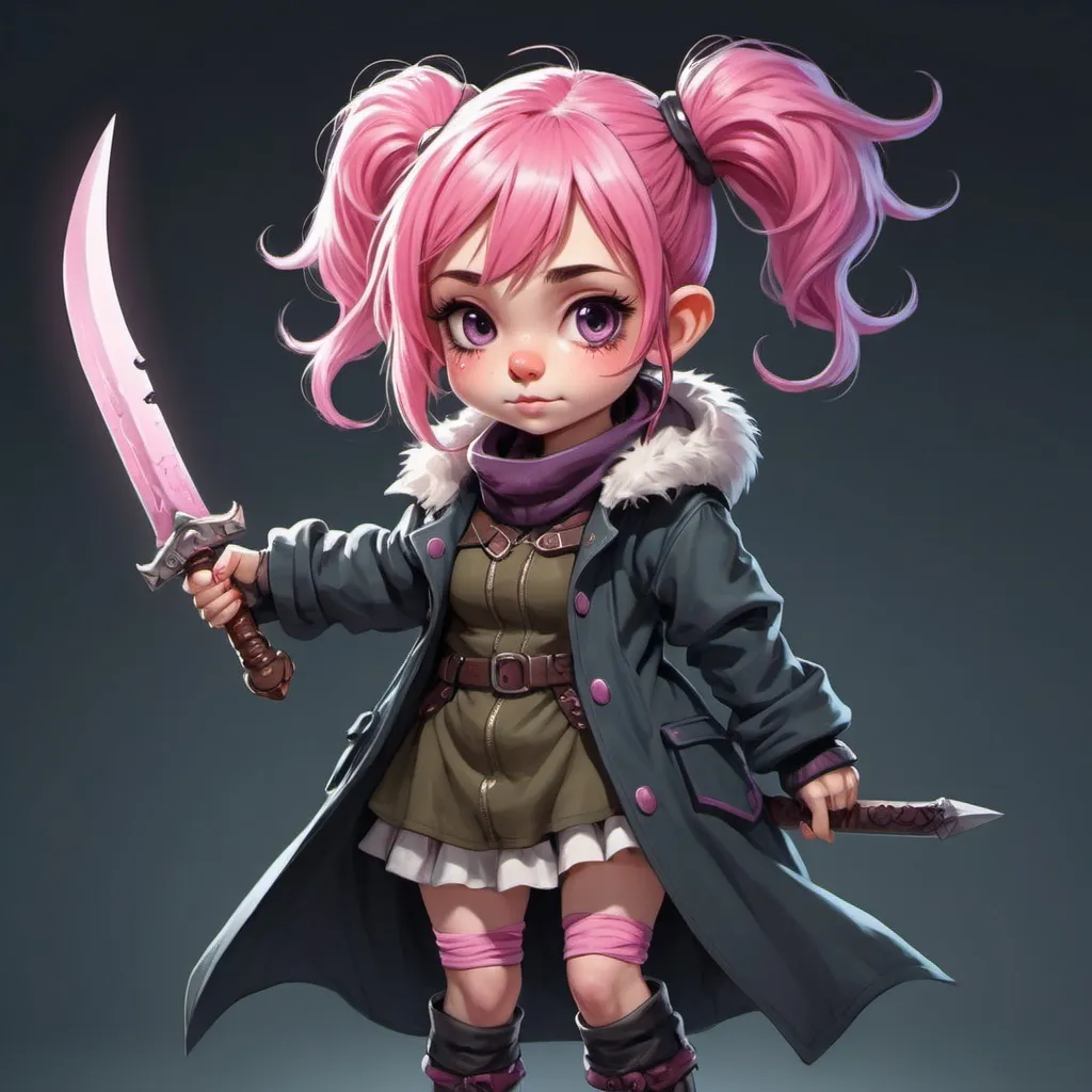 Prompt: A cute anime gnome girl with pink hair in pig tails wearing a oversized coat that extends past her hands balancing a epic looking dagger on her nose 