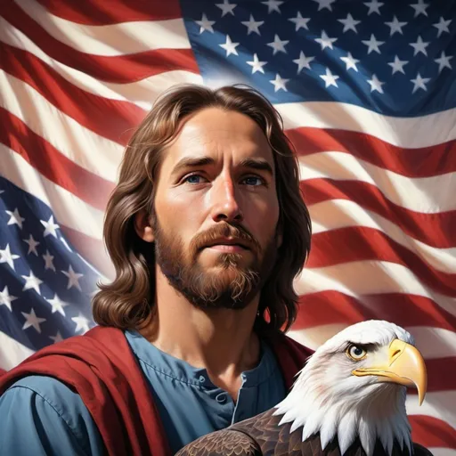 Prompt: Jesus, big American flag, bald eagle, Bob ross
