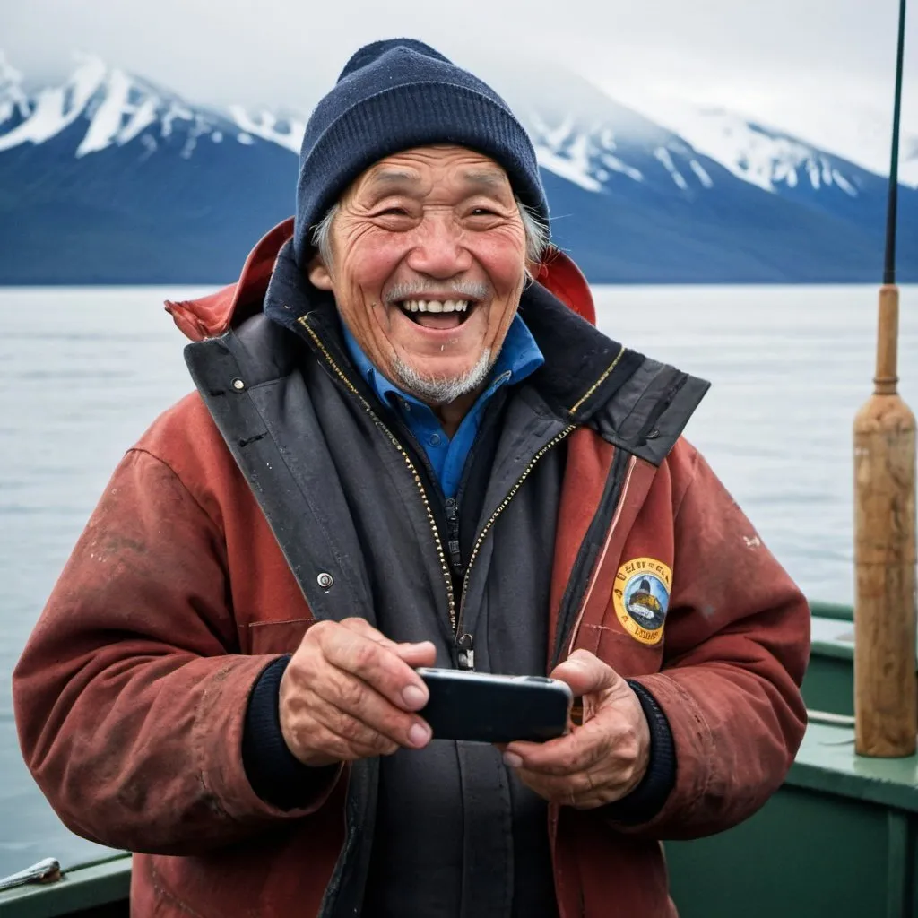 Prompt: Smiling, excited Elderly Alaska Native fisherman on a commercial fishing boat in winter in Alaska winning the lottery on his cellphone.