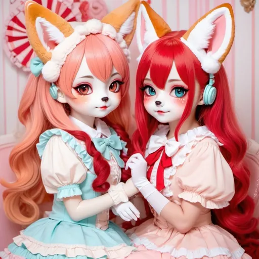 Prompt: Kawaii nursery scene with a 5-year-old furry fennec fox girl and a 16-year-old furry red fox girl, sweet Lolita coord, classic Lolita coord, playful atmosphere, high quality, kawaii, furry characters, adorable expressions, colorful pastel palette, detailed fur textures, cute accessories, soft and warm lighting