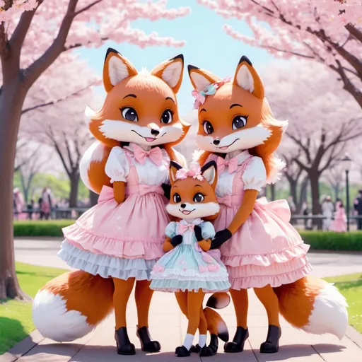 Prompt: Family of furry foxes in sweet Lolita dresses, cherry blossom park walk, 4k ultra-detailed, anime, cute, pastel tones, kawaii, detailed fur, mother-daughter bond, adorable, professional, whimsical lighting